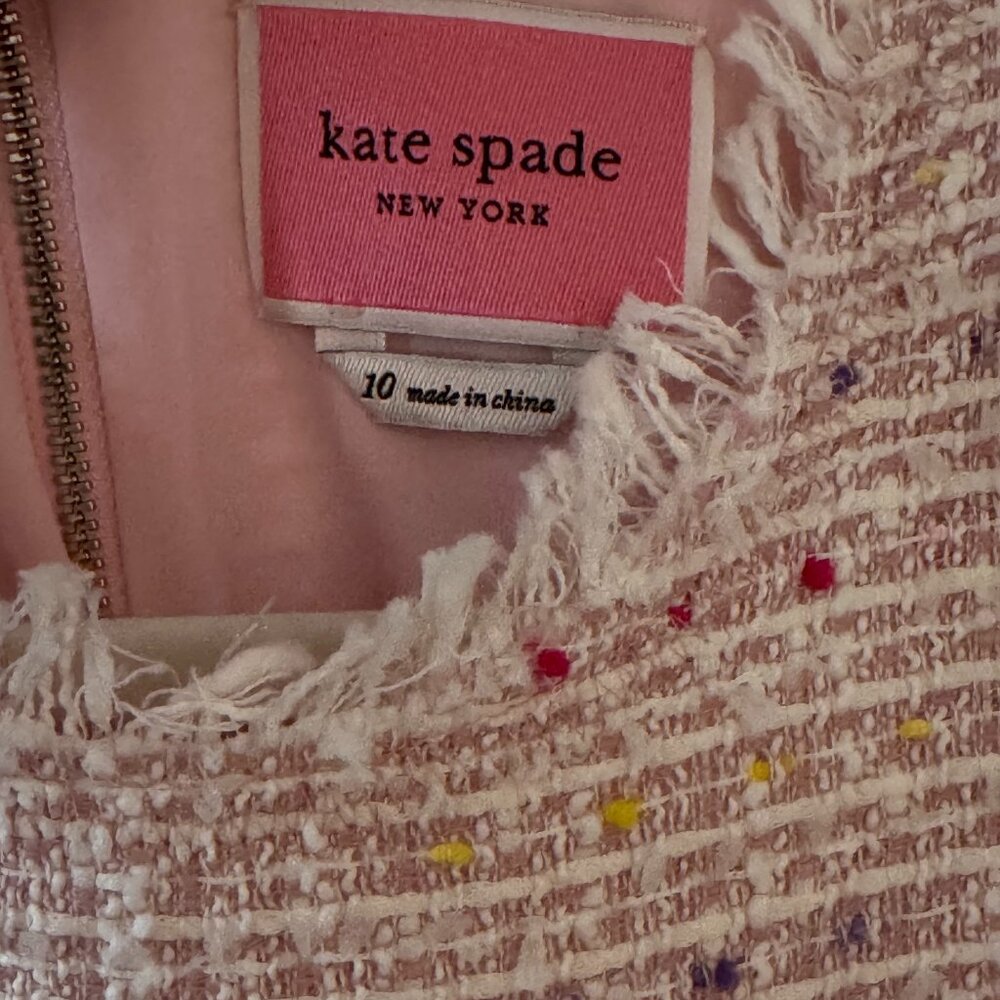Kate Spade New York Pink Tweed Shift Dress Fringe Trim Size 10